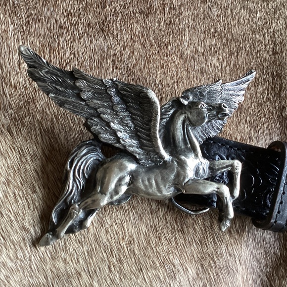 Vintage Bergamot Brass Works Pegasus Belt Buckle Tooled Black Leather Belt main image 10